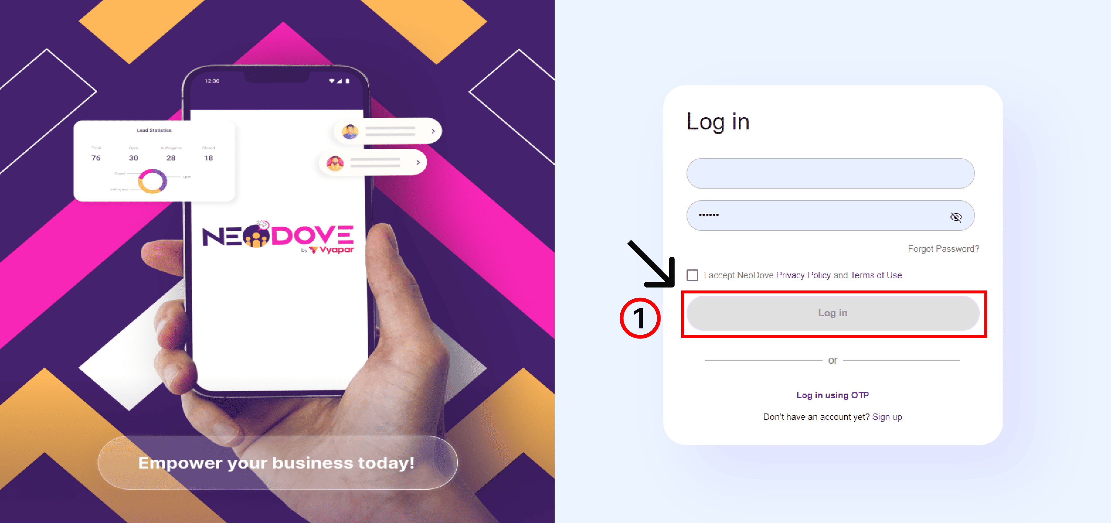 Step 1 - Log in to your NeoDove account - NeoDove