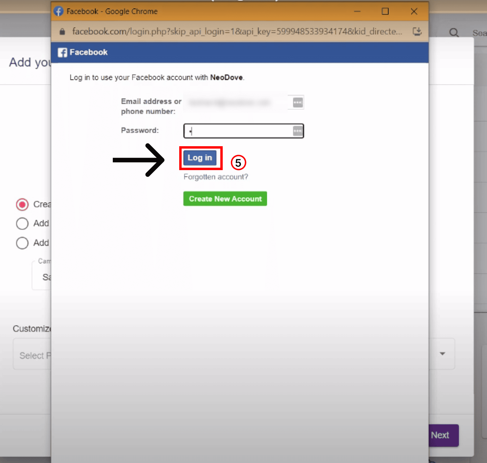 Step 5 - Log into your Facebook account - NeoDove 